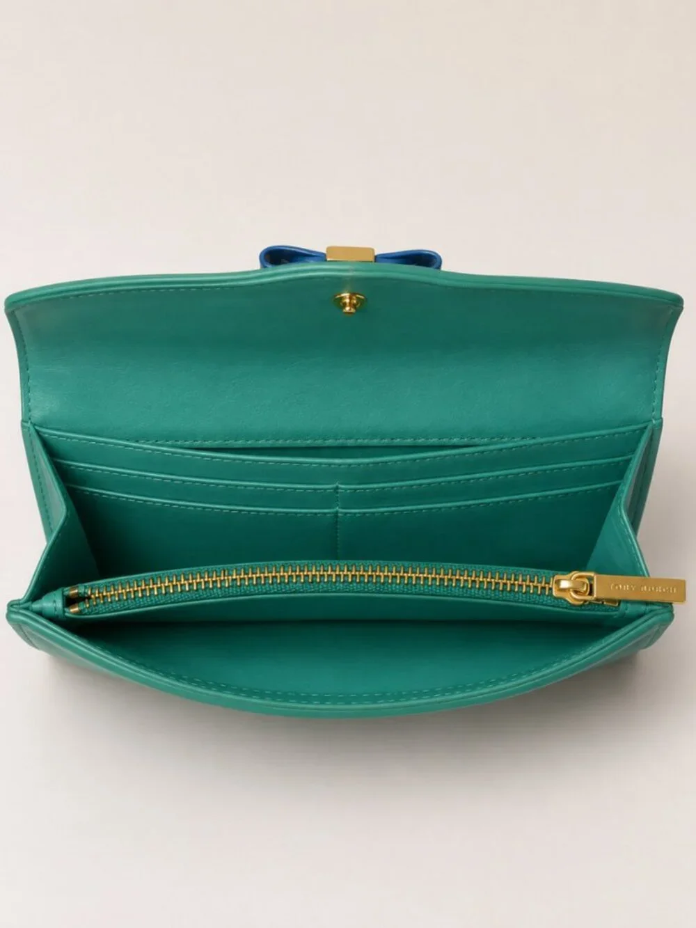 Tory Burch Green Leather Bow Continental Envelope Wallet Blue Enamel Bow